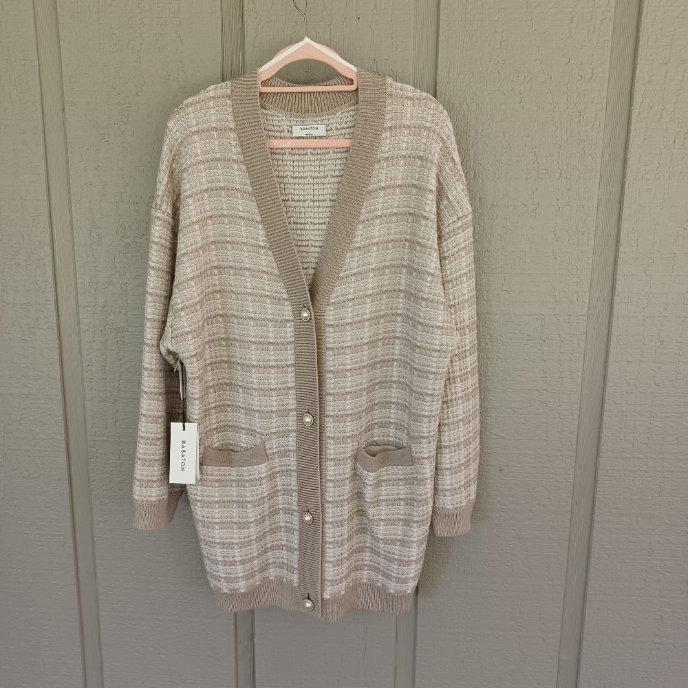 Aritzia Babaton Lacer Merino Wool Cardigan Size L Women Preppy Pockets V Neck